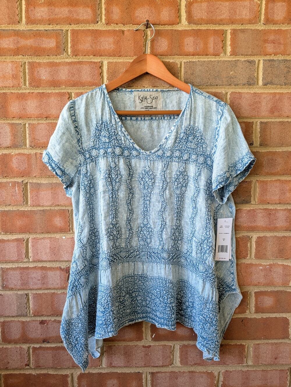Kyla Seo Chambray Blue Embroidered Linen V Neck Flowy Top New Size M Boho